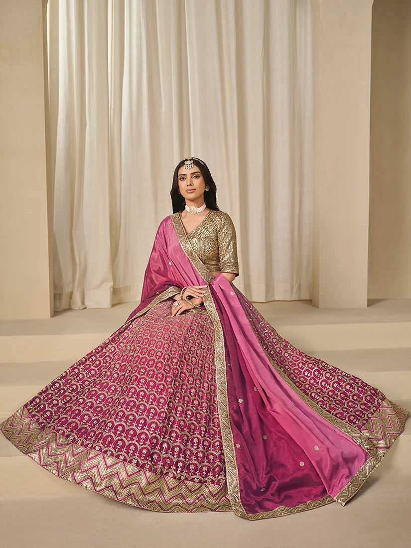 Hot Pink Chinon Sequin Embroidered Lehenga Choli, styled on model