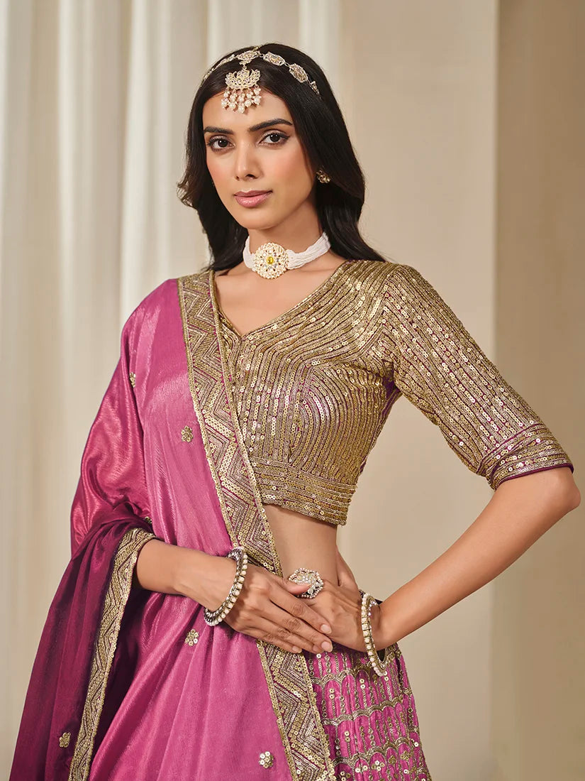 Hot Pink Chinon Sequin Embroidered Lehenga Choli, choli detail