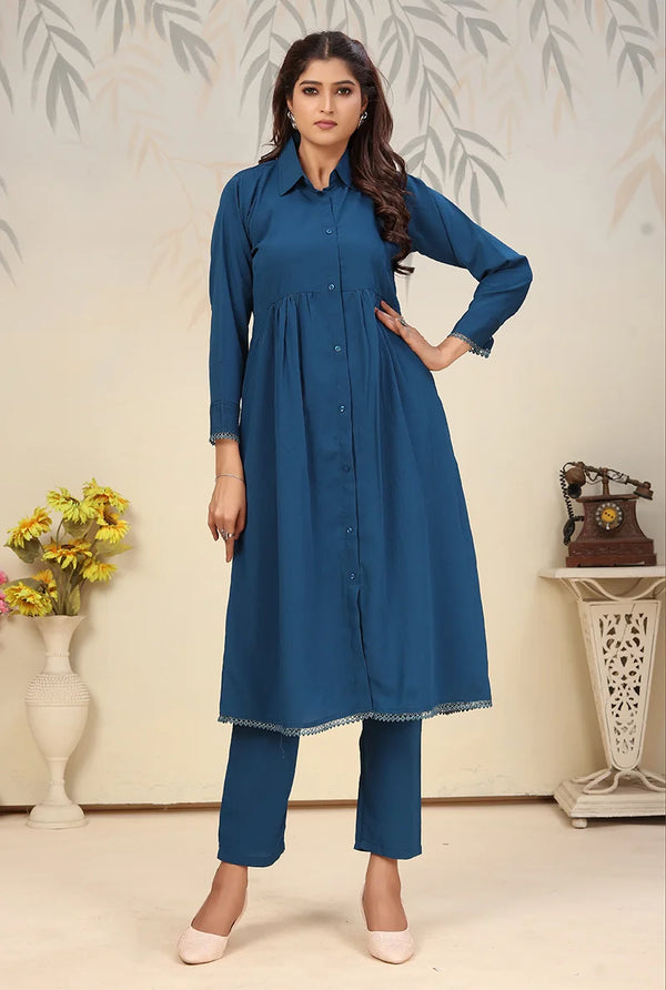 Teal Blue Cotton Blend Kurti Set with Pants, front