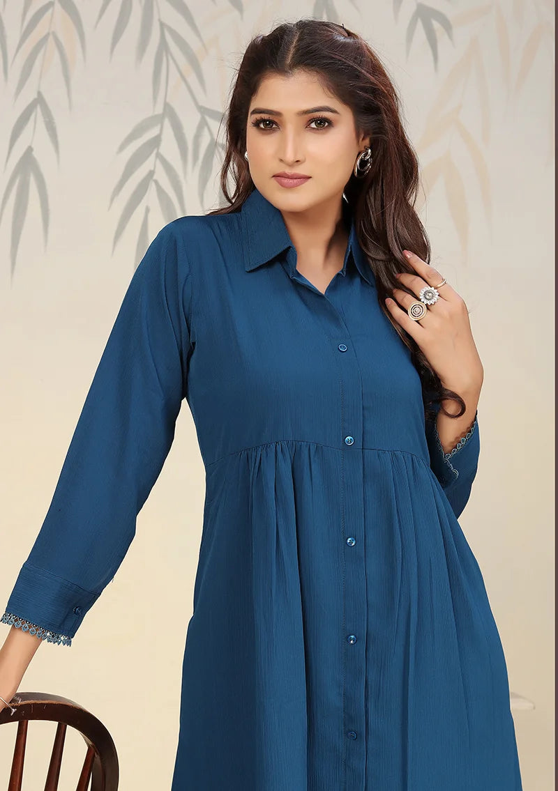 Teal Blue Cotton Blend Kurti Set with Pants, collar detail