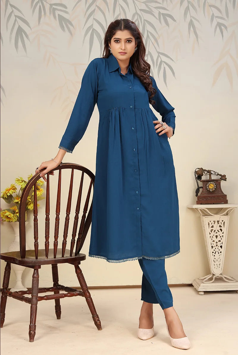 Teal Blue Cotton Blend Kurti Set with Pants, styled on model