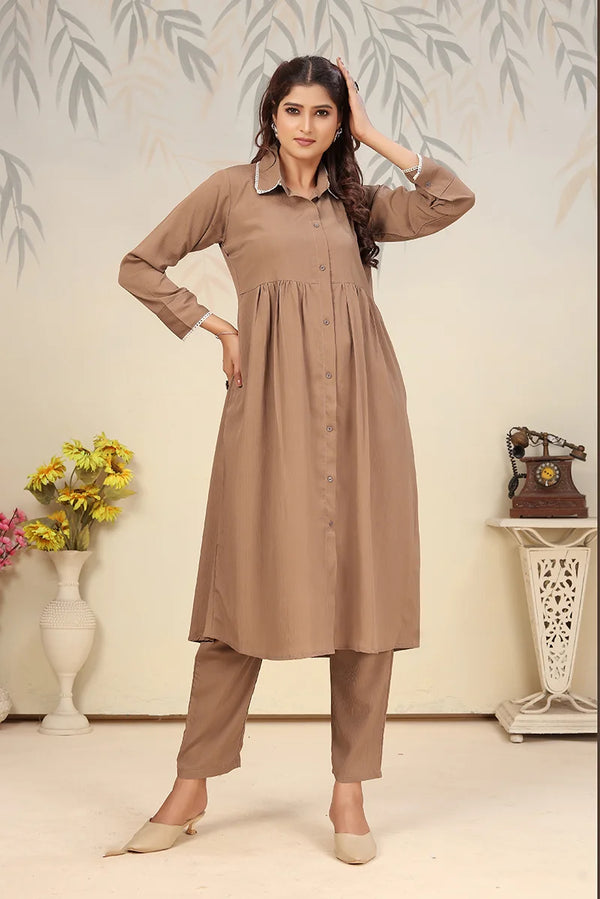 Brown Cotton Blend Kurti Set with Pants, front