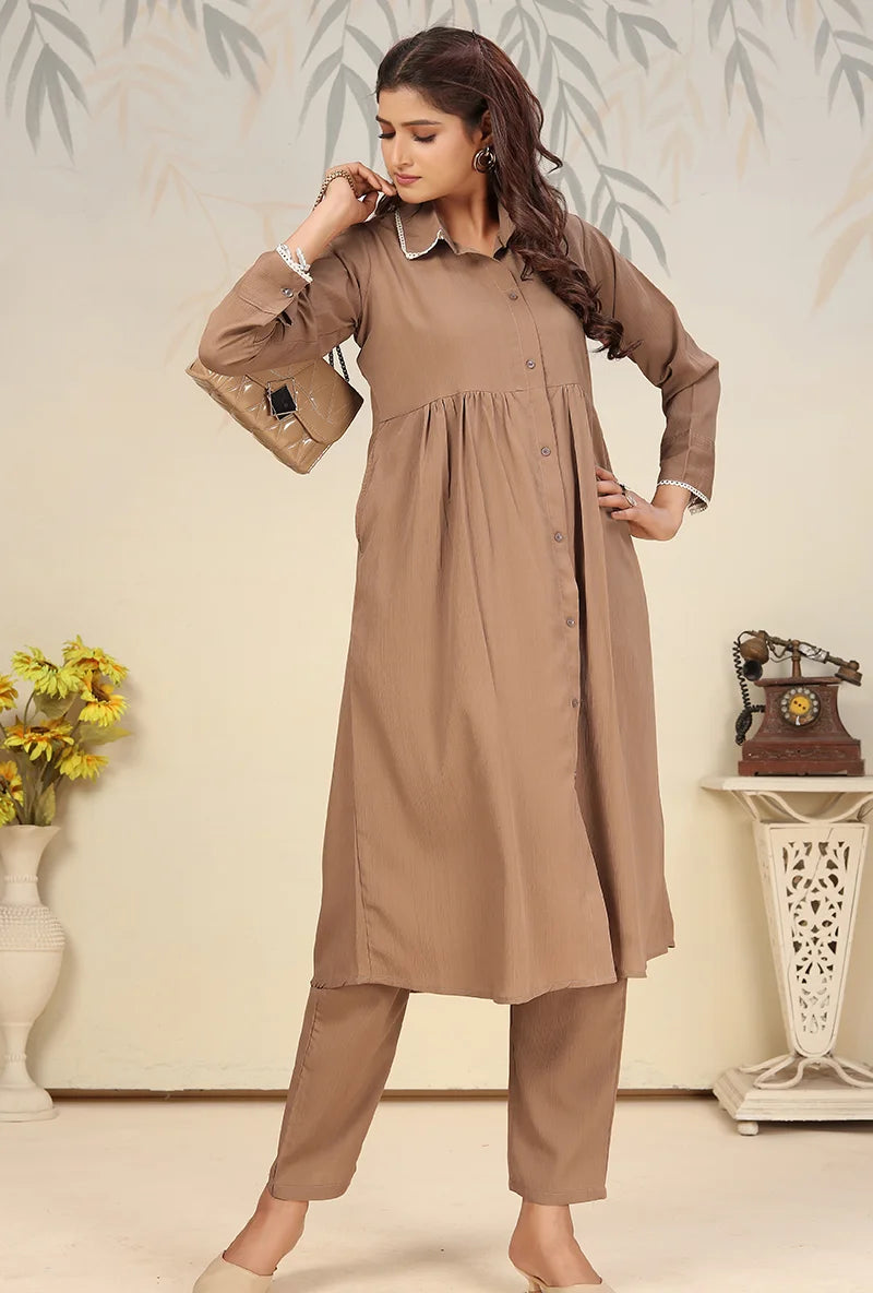 Brown Cotton Blend Kurti Set with Pants, side