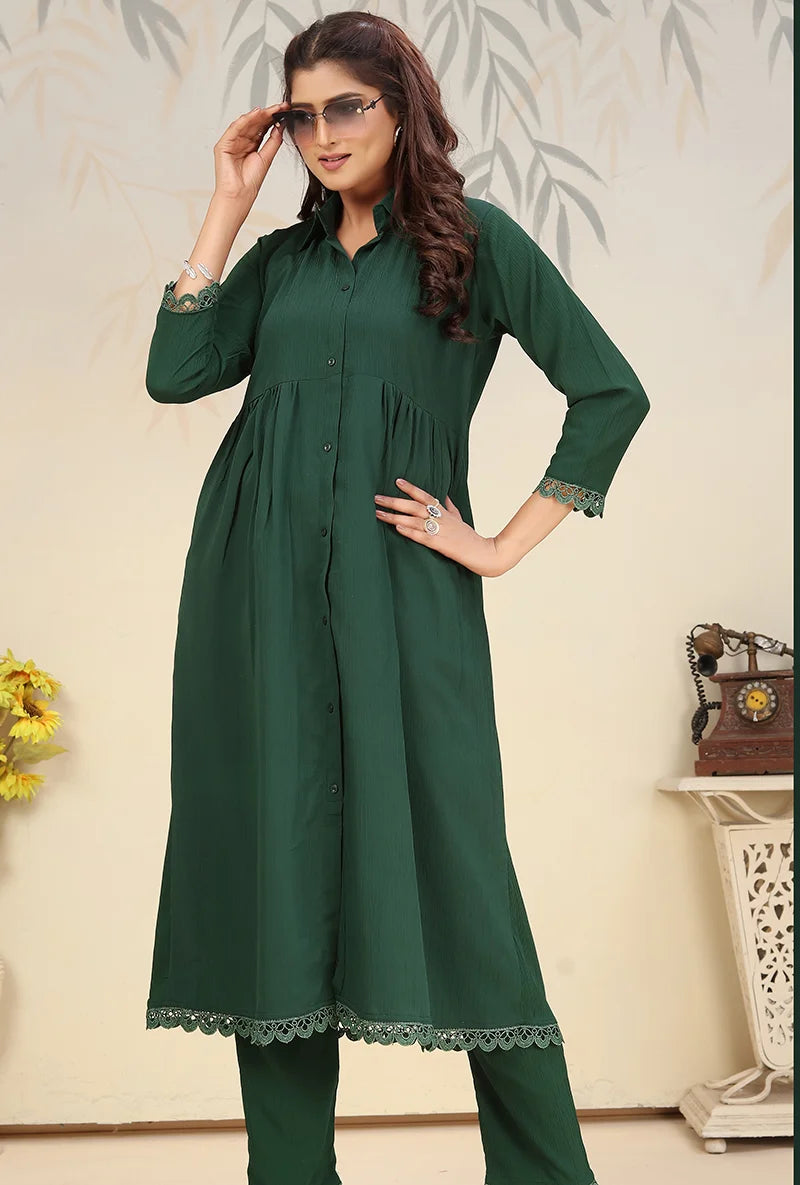 Dark Green Cotton Blend Kurti Set with Pants, upper body