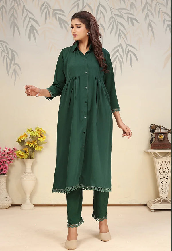 Dark Green Cotton Blend Kurti Set with Pants, front