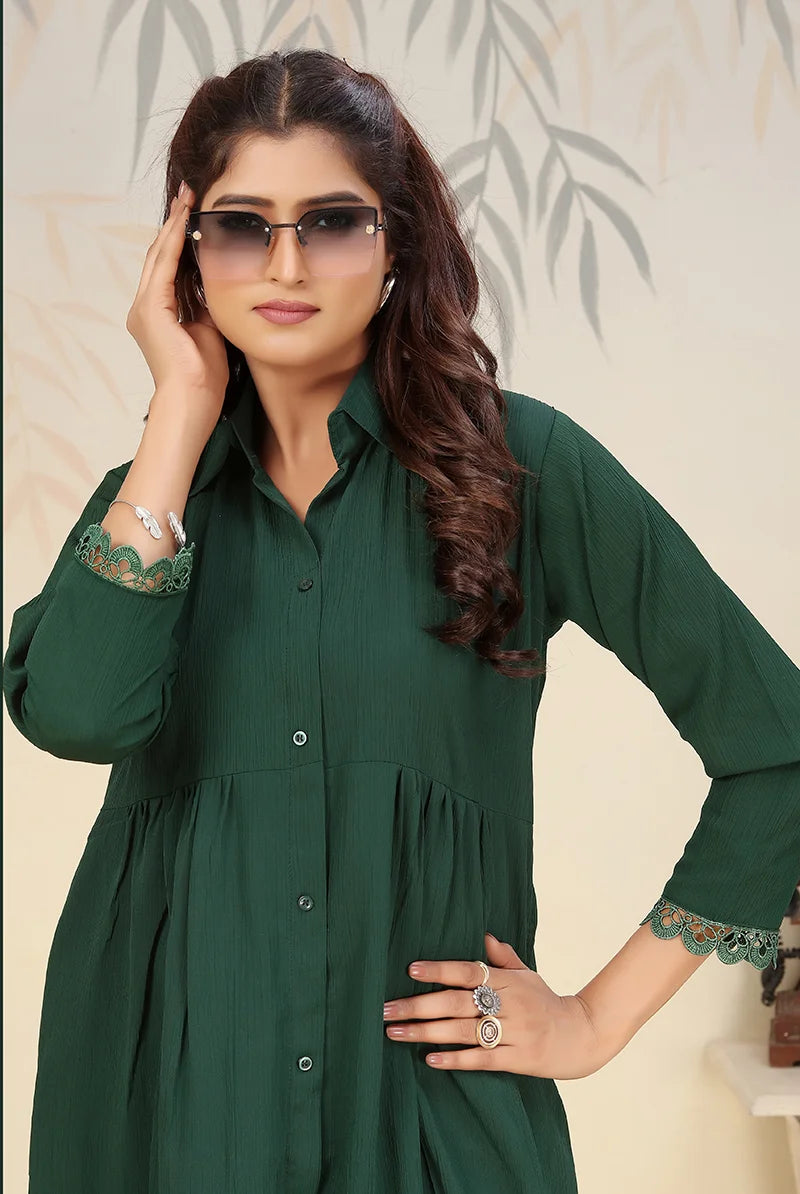 Dark Green Cotton Blend Kurti Set with Pants, upper body detail