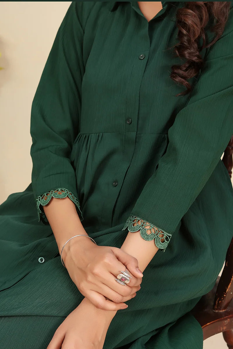 Dark Green Cotton Blend Kurti Set with Pants, lace cuff detail