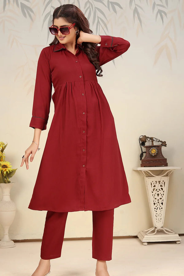 Maroon Cotton Blend Kurti Set with Pants, front