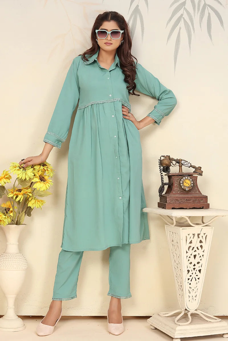 Light Blue Cotton Blend Kurti Set with Pants, front