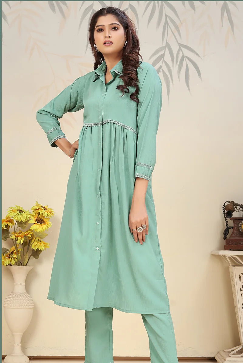 Light Blue Cotton Blend Kurti Set with Pants, side