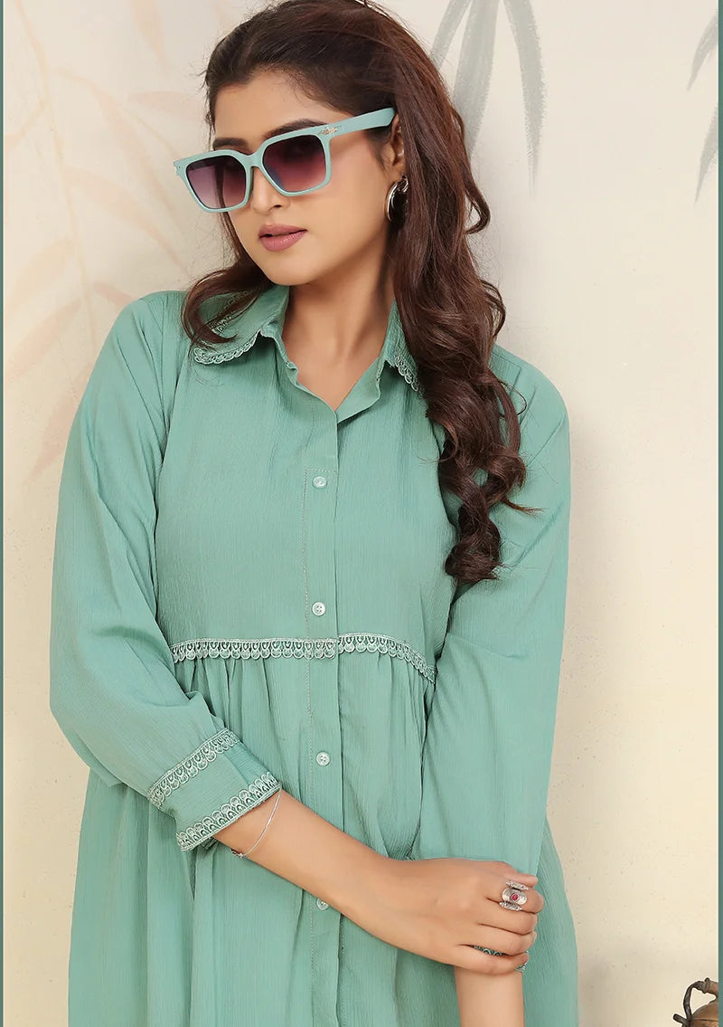 Light Blue Cotton Blend Kurti Set with Pants, lace cuff detail