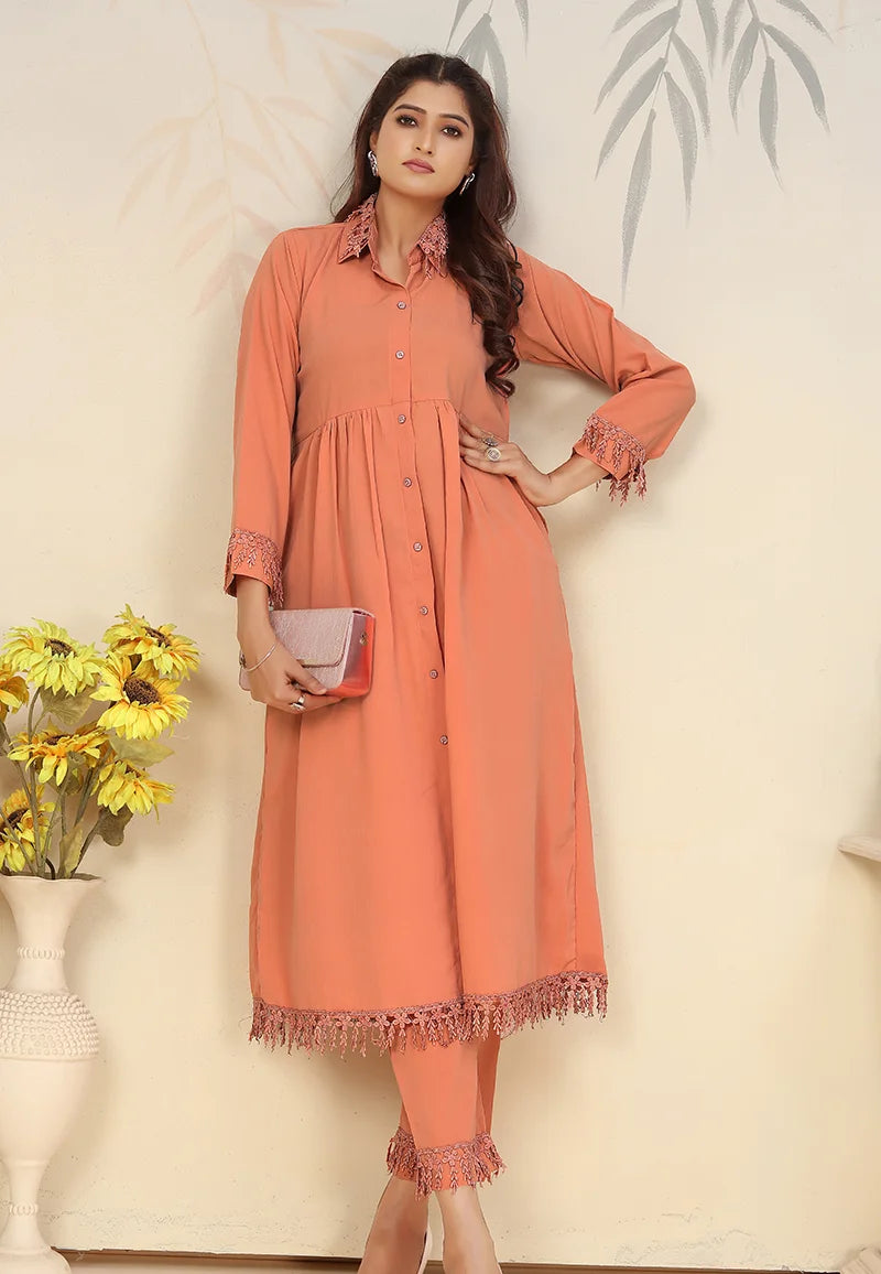 Orange Cotton Blend Kurti Set with Pants, front