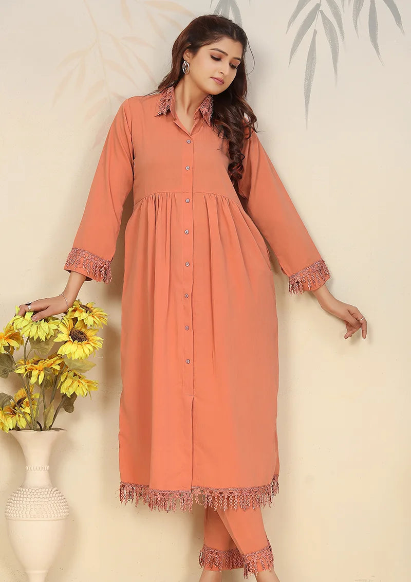 Orange Cotton Blend Kurti Set with Pants, side