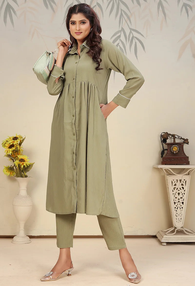 Light Green Cotton Blend Kurti Set with Pants, front