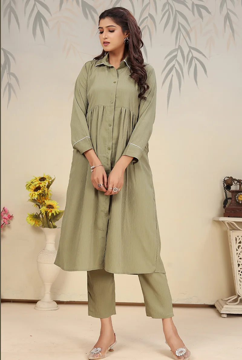 Light Green Cotton Blend Kurti Set with Pants, styled on model