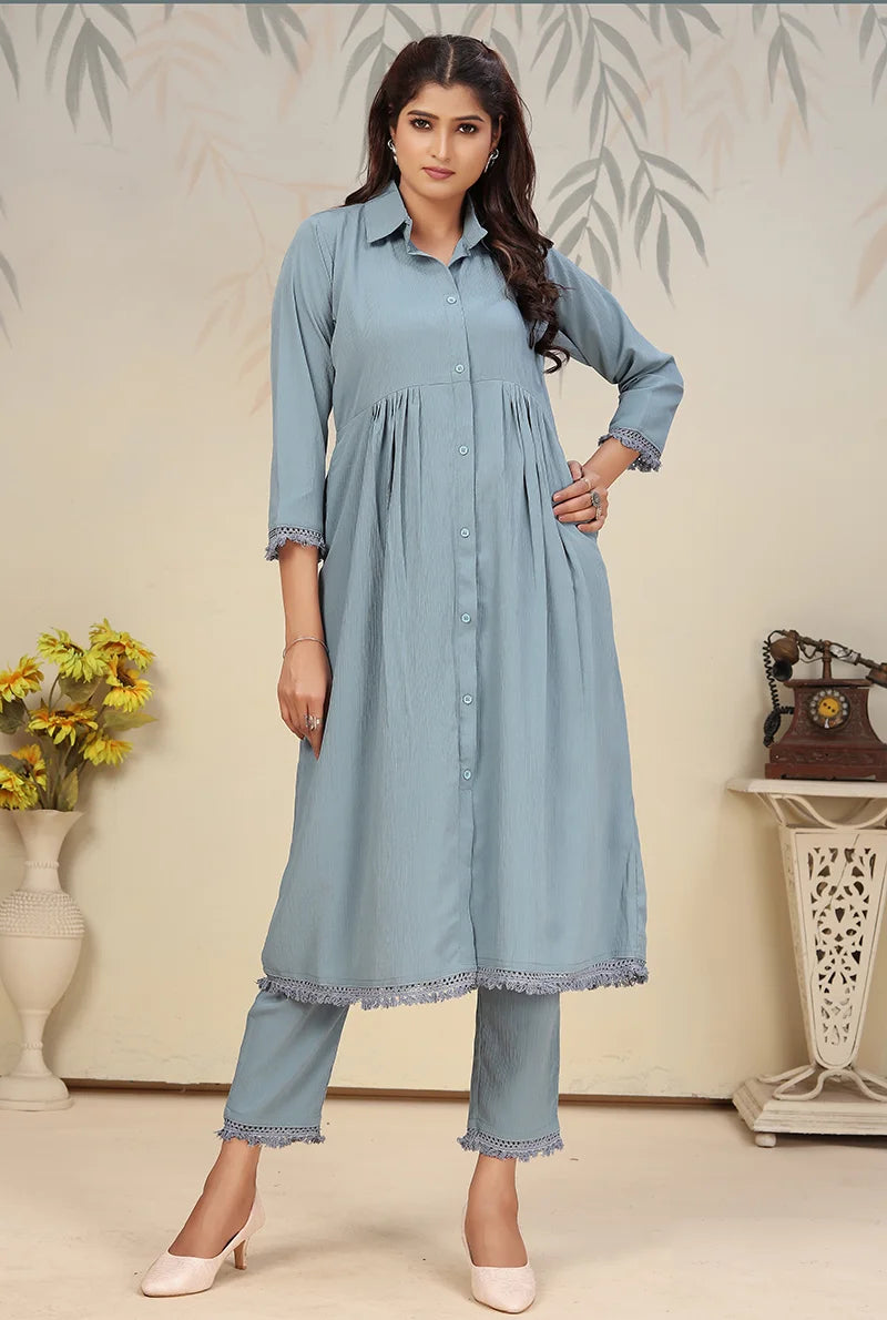 Sky Blue Cotton Blend Kurti Set with Pants, front