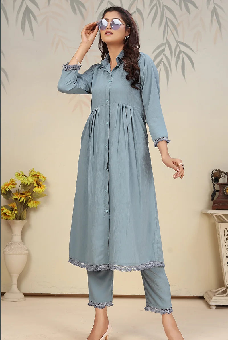 Sky Blue Cotton Blend Kurti Set with Pants, side