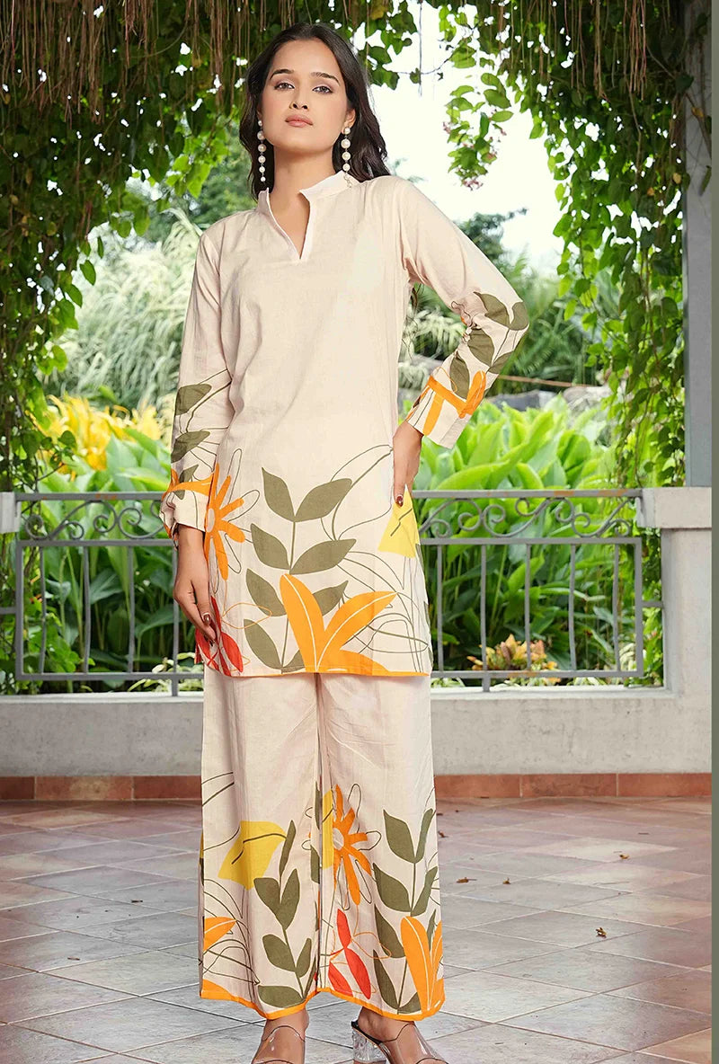 Cream Cotton Blend Printed Kurti Set with Pants, front