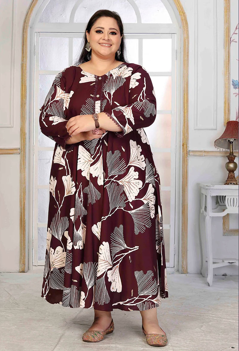 Wine Rayon Long Kurti with Flared Hem, front