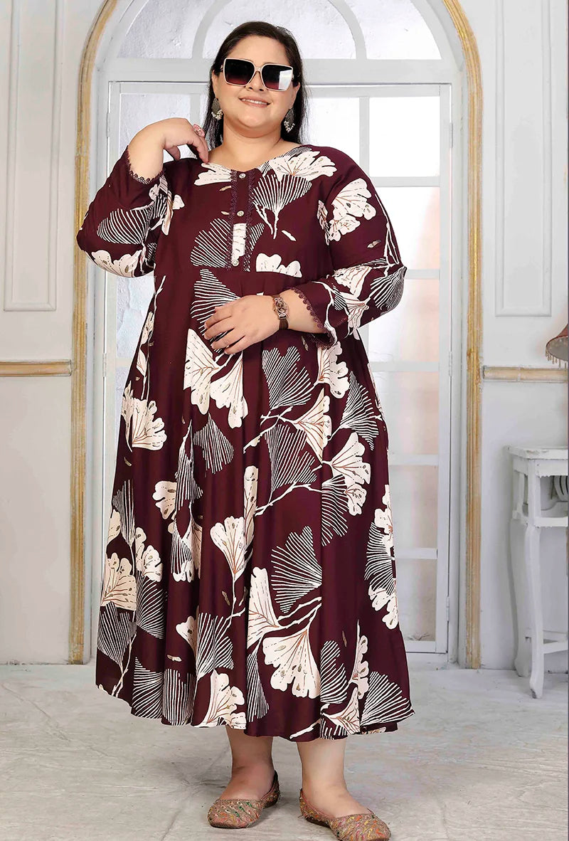 Wine Rayon Long Kurti with Flared Hem, styled on model