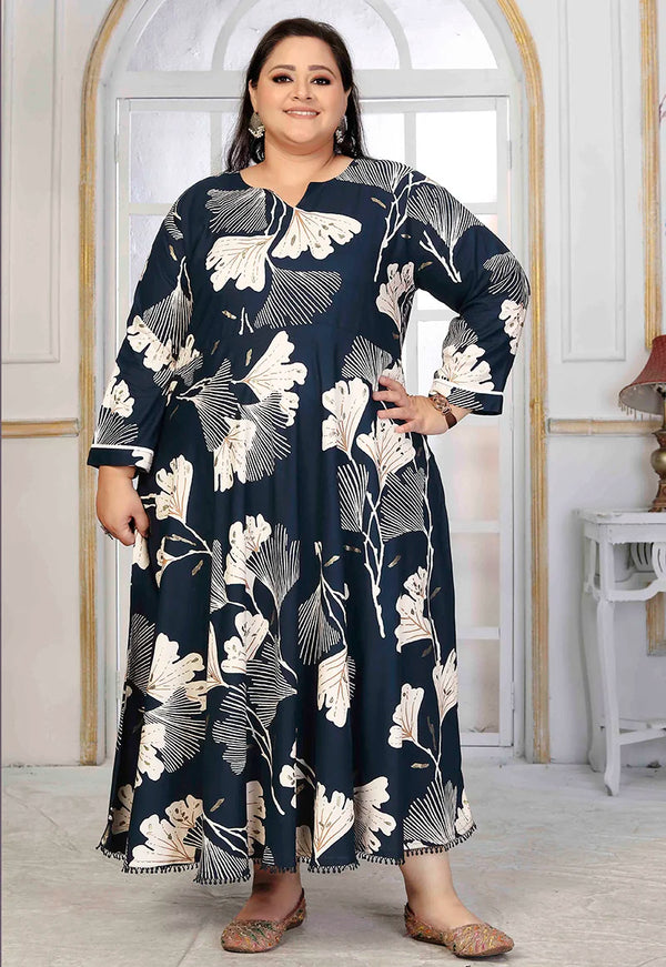 Navy Blue Rayon Long Kurti with Flared Hem, front