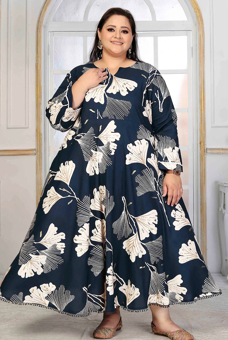 Navy Blue Rayon Long Kurti with Flared Hem, styled on model