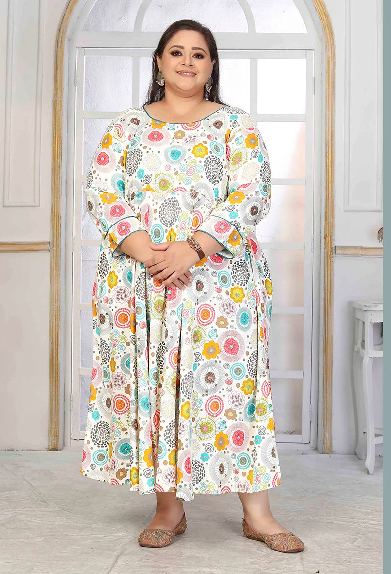 White Rayon Long Kurti with Flared Hem, styled on model
