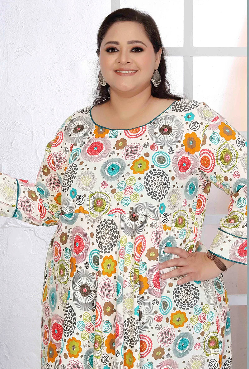 White Rayon Long Kurti with Flared Hem, neckline detail