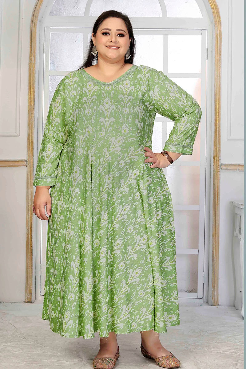 Light Green Rayon Long Kurti with Flared Hem, front