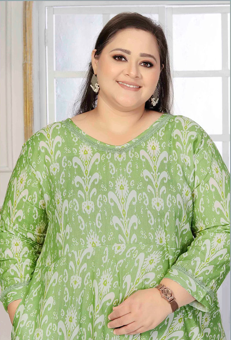 Light Green Rayon Long Kurti with Flared Hem, neckline detail