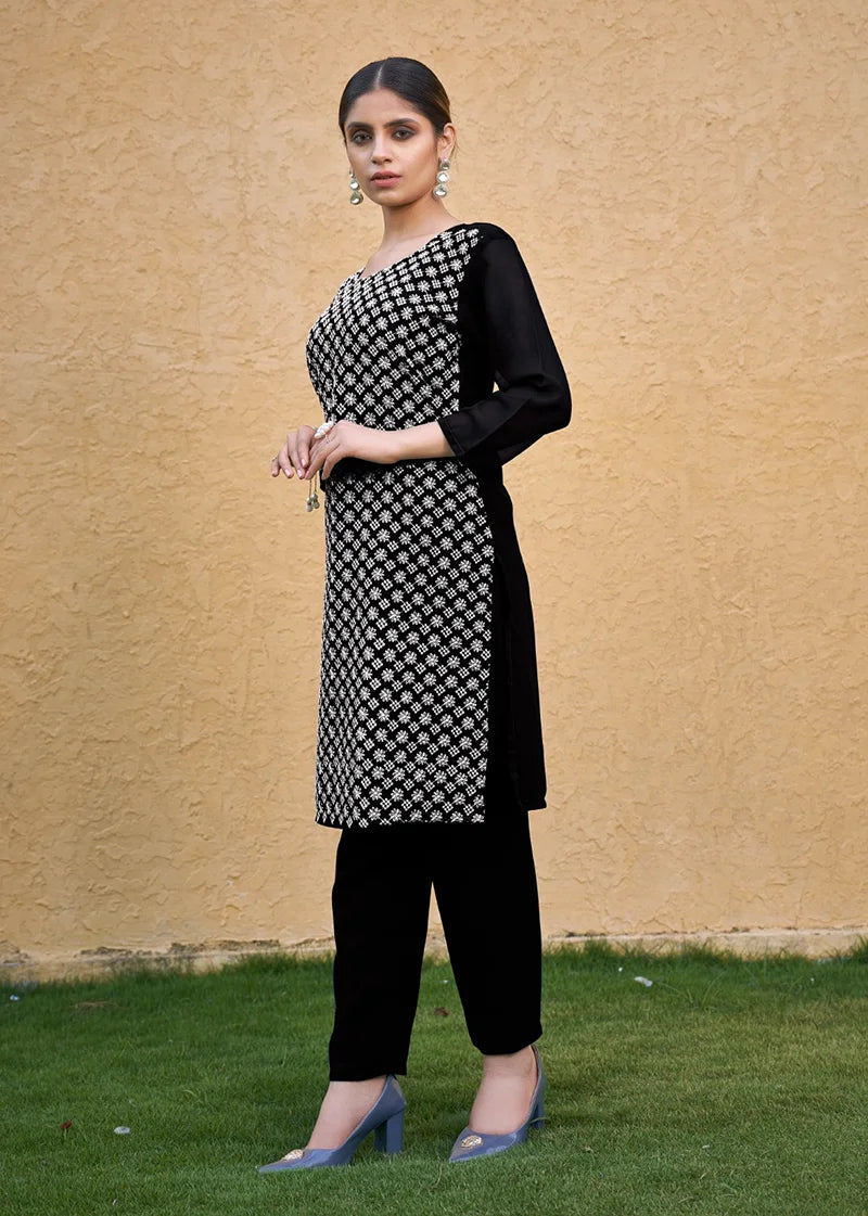 Black Georgette Embroidered Straight Kurti, side