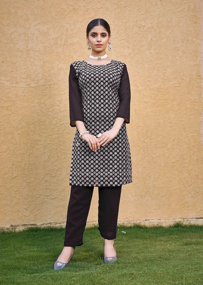 Coffee Georgette Embroidered Straight Kurti, front