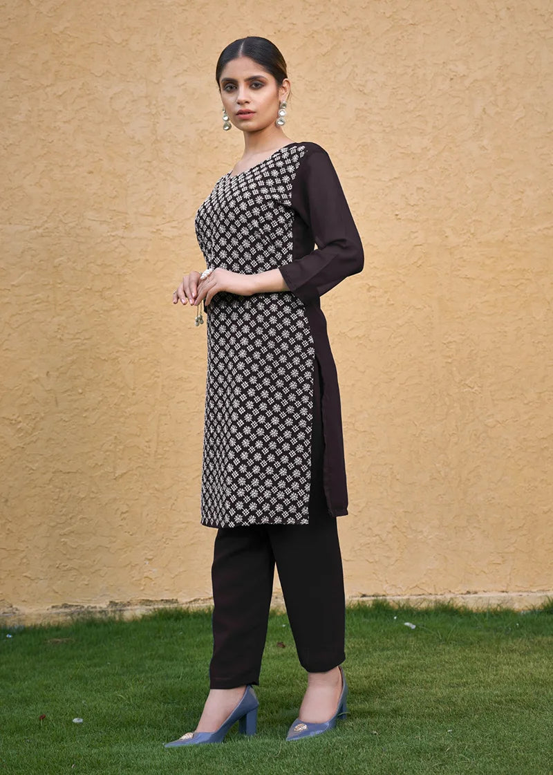 Coffee Georgette Embroidered Straight Kurti, side