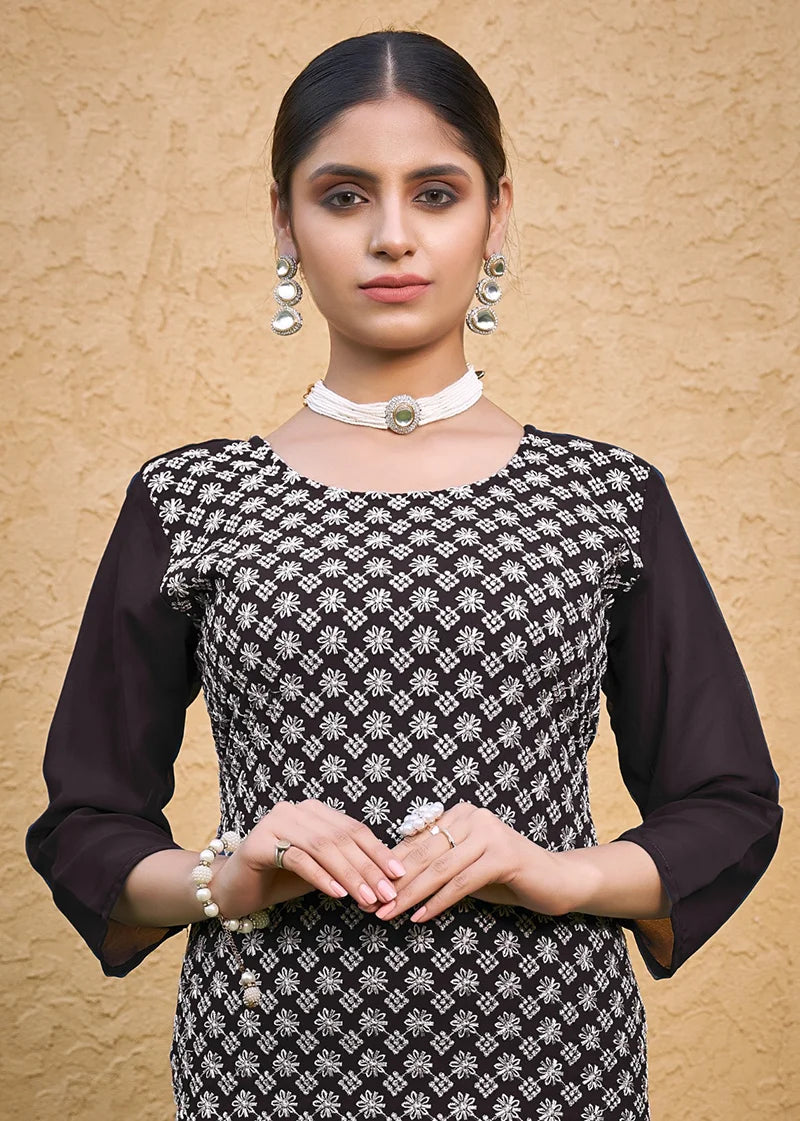Coffee Georgette Embroidered Straight Kurti, embroidery close-up
