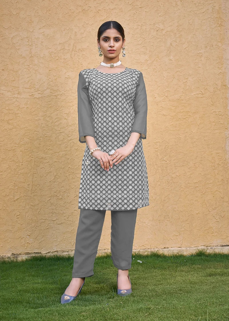 Gray Georgette Embroidered Straight Kurti, front