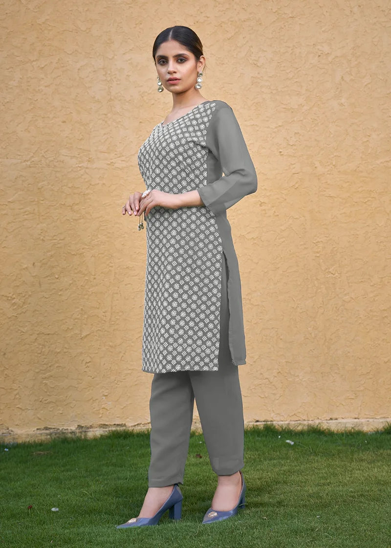 Gray Georgette Embroidered Straight Kurti, side