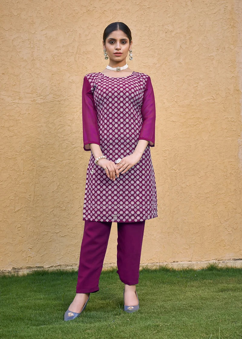 Purple Georgette Embroidered Straight Kurti, front