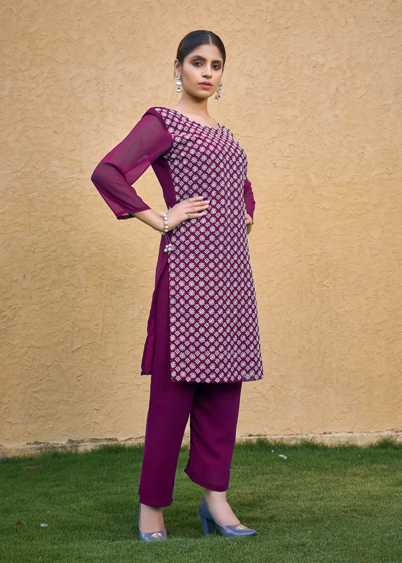 Purple Georgette Embroidered Straight Kurti, side
