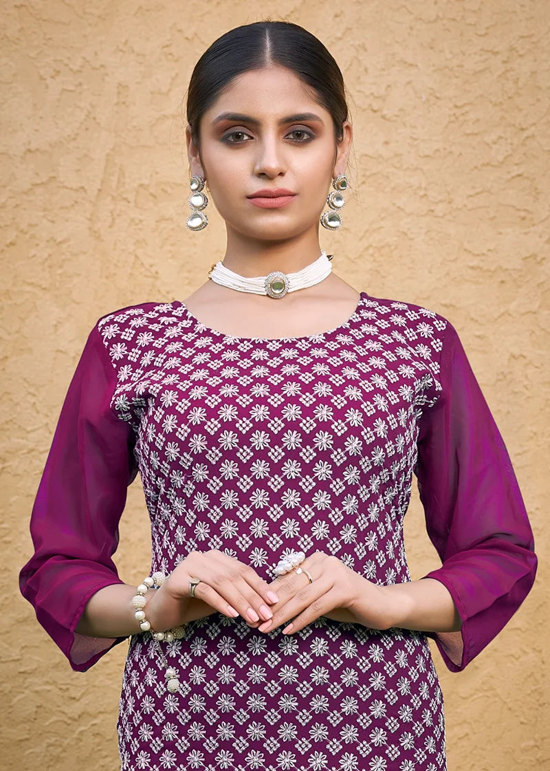 Purple Georgette Embroidered Straight Kurti, embroidery close-up