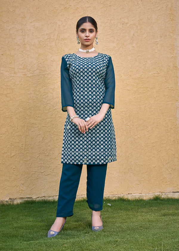 Teal Blue Georgette Embroidered Straight Kurti, front