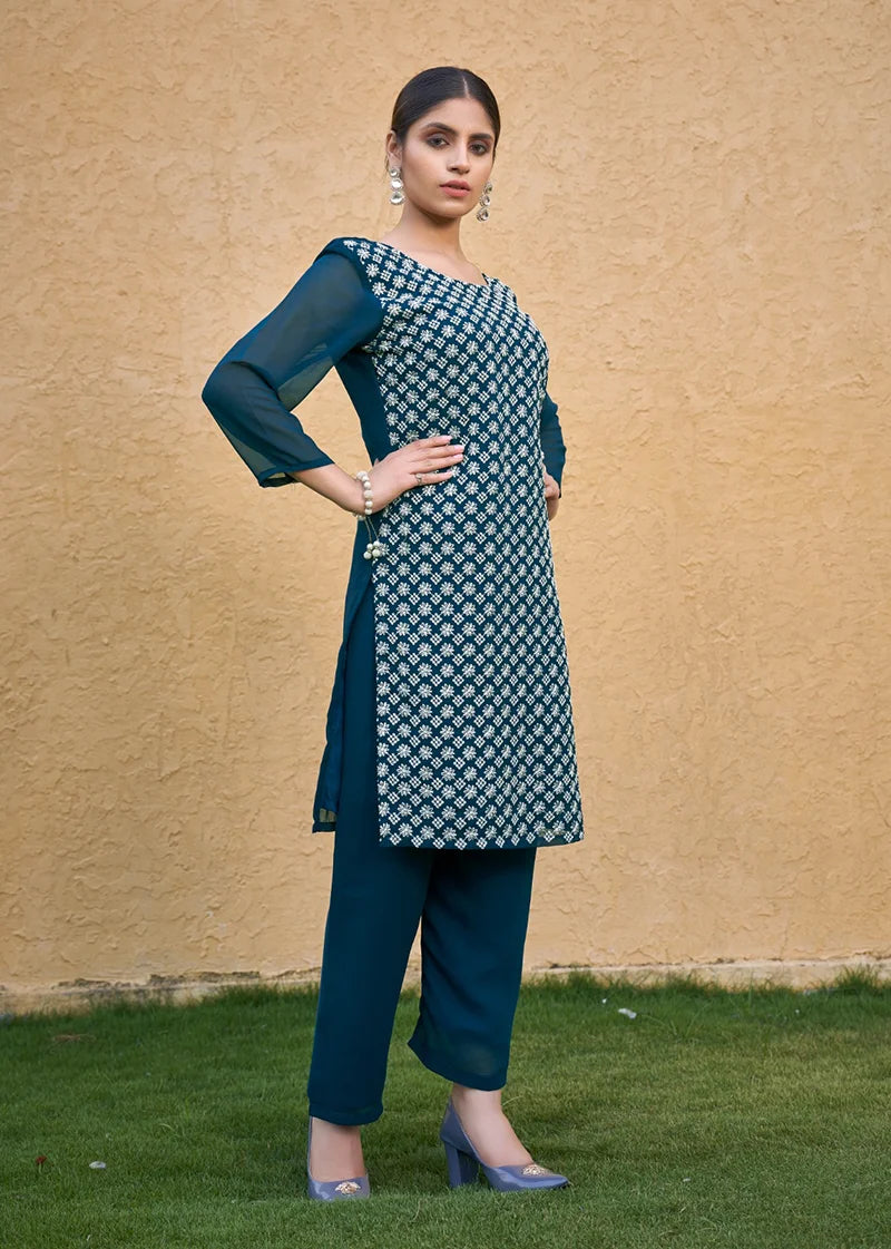 Teal Blue Georgette Embroidered Straight Kurti, side