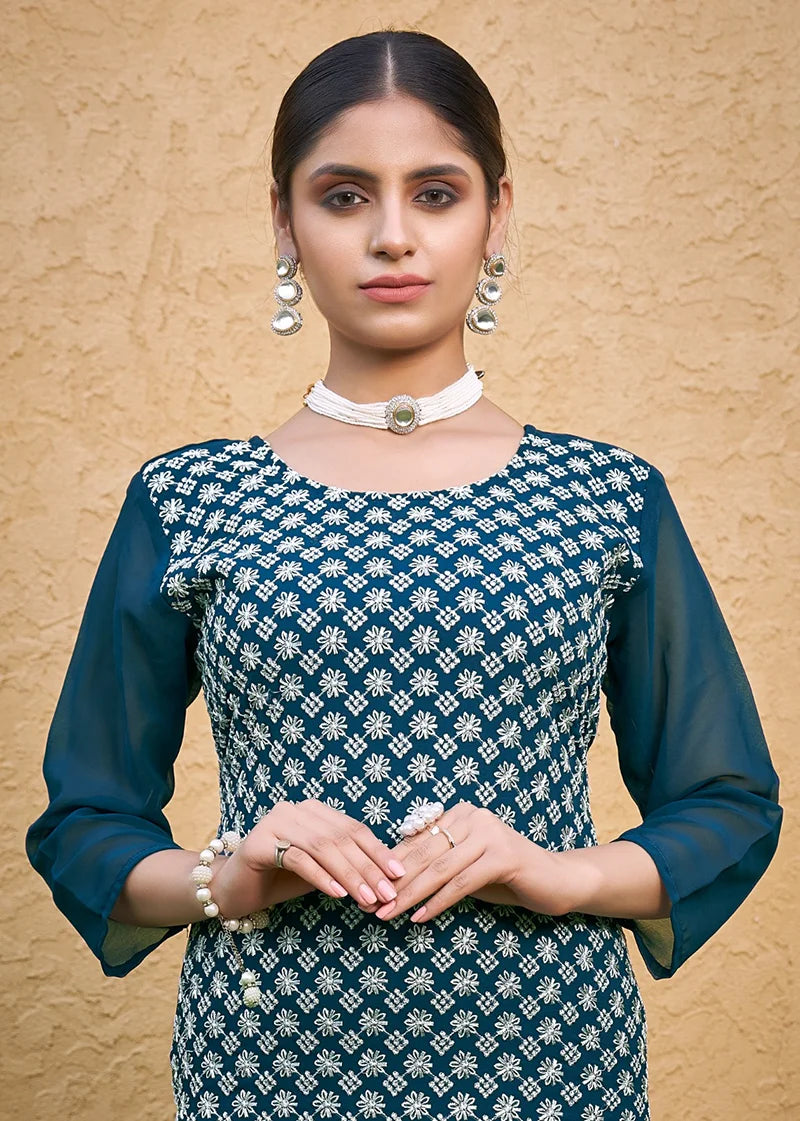 Teal Blue Georgette Embroidered Straight Kurti, embroidery close-up
