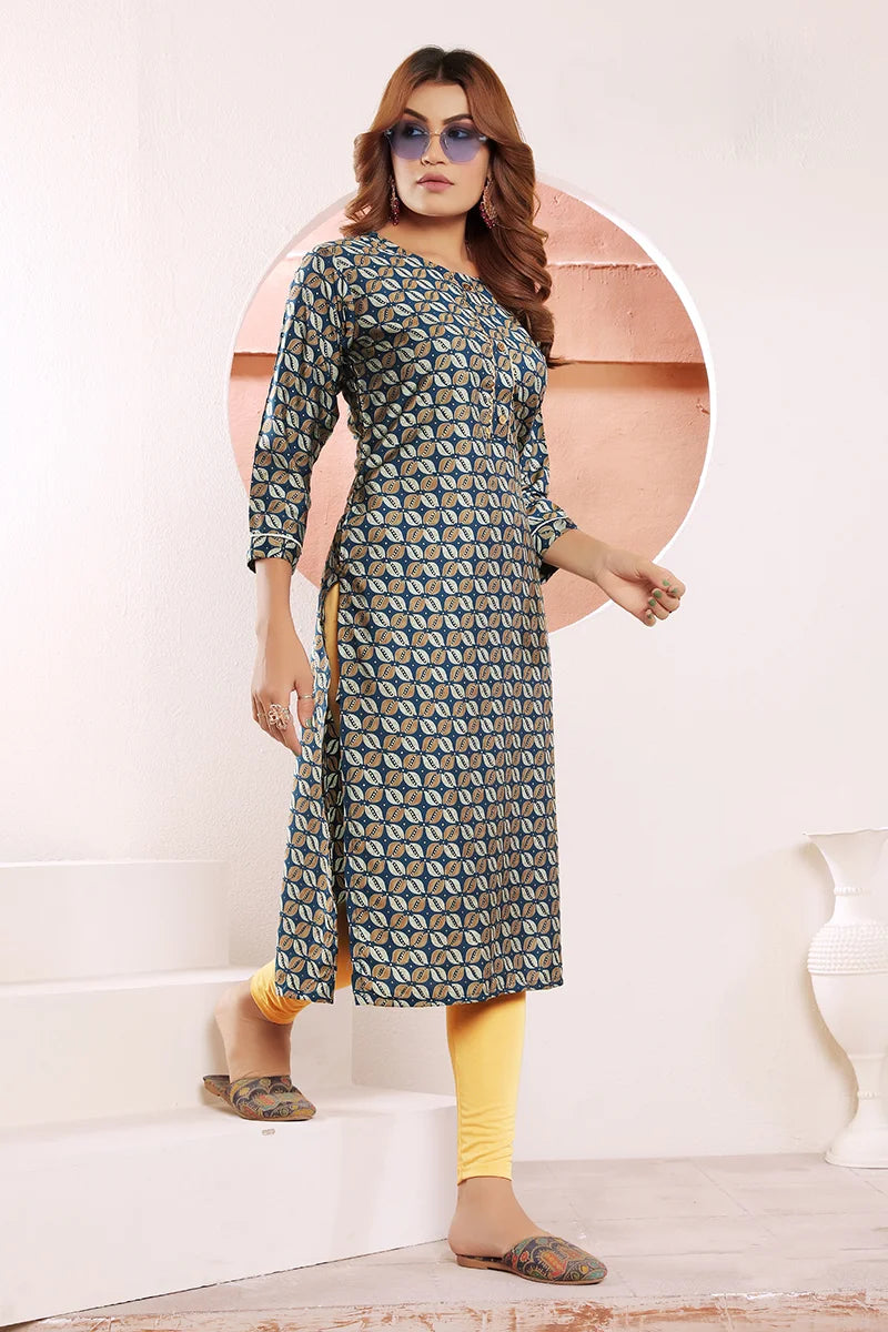 Dark Green Viscose Straight Kurti with Leaf Print, side