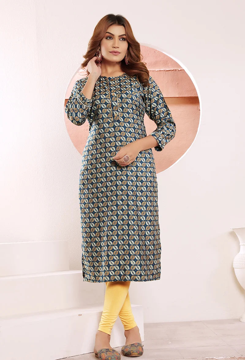 Dark Green Viscose Straight Kurti with Leaf Print, front