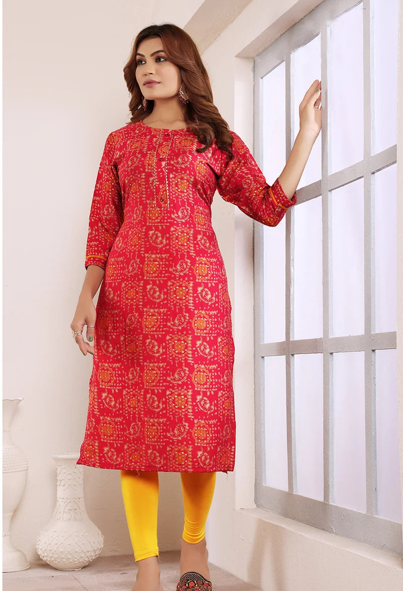 Rani Pink Viscose Printed Straight Kurti, styled on model