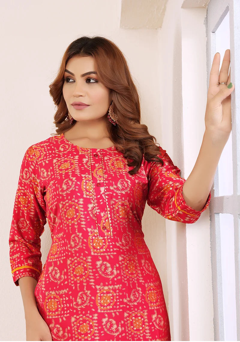 Rani Pink Viscose Printed Straight Kurti, print detail
