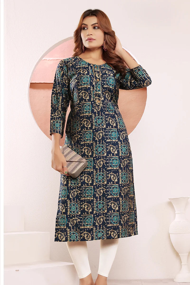 Navy Blue Viscose Printed Straight Kurti, front