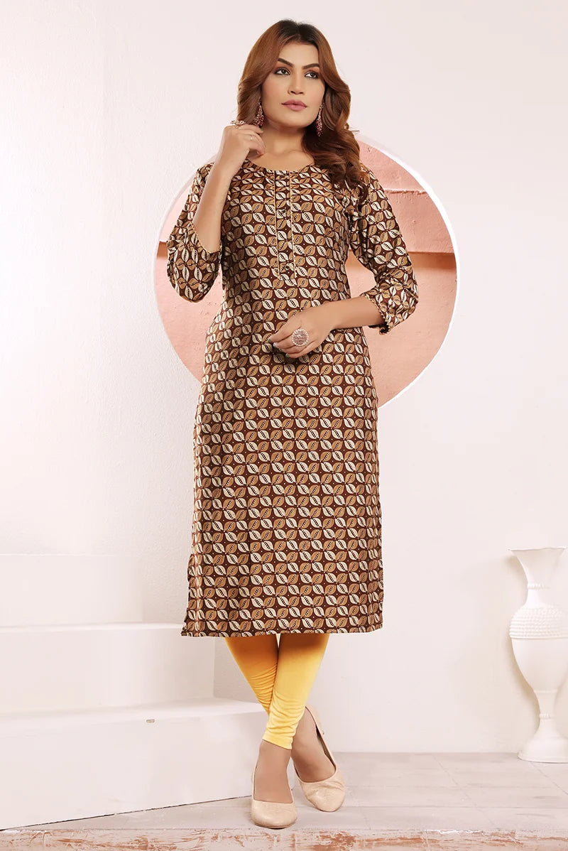 Brown Viscose Straight Kurti with Leaf Print, styled on model