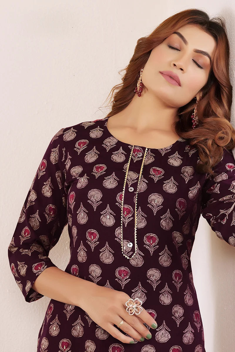 Wine Viscose Straight Kurti with Buti Print, placket detail