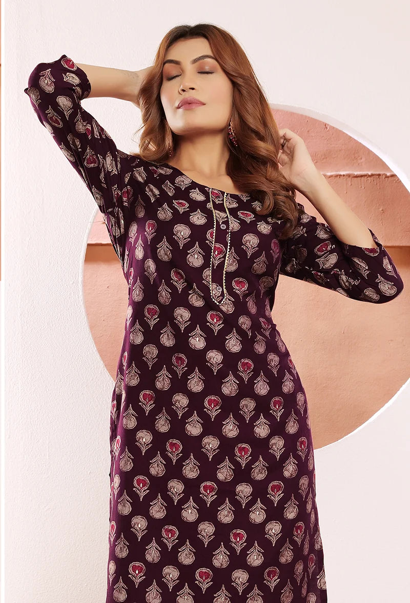 Wine Viscose Straight Kurti with Buti Print, sleeve and print detail